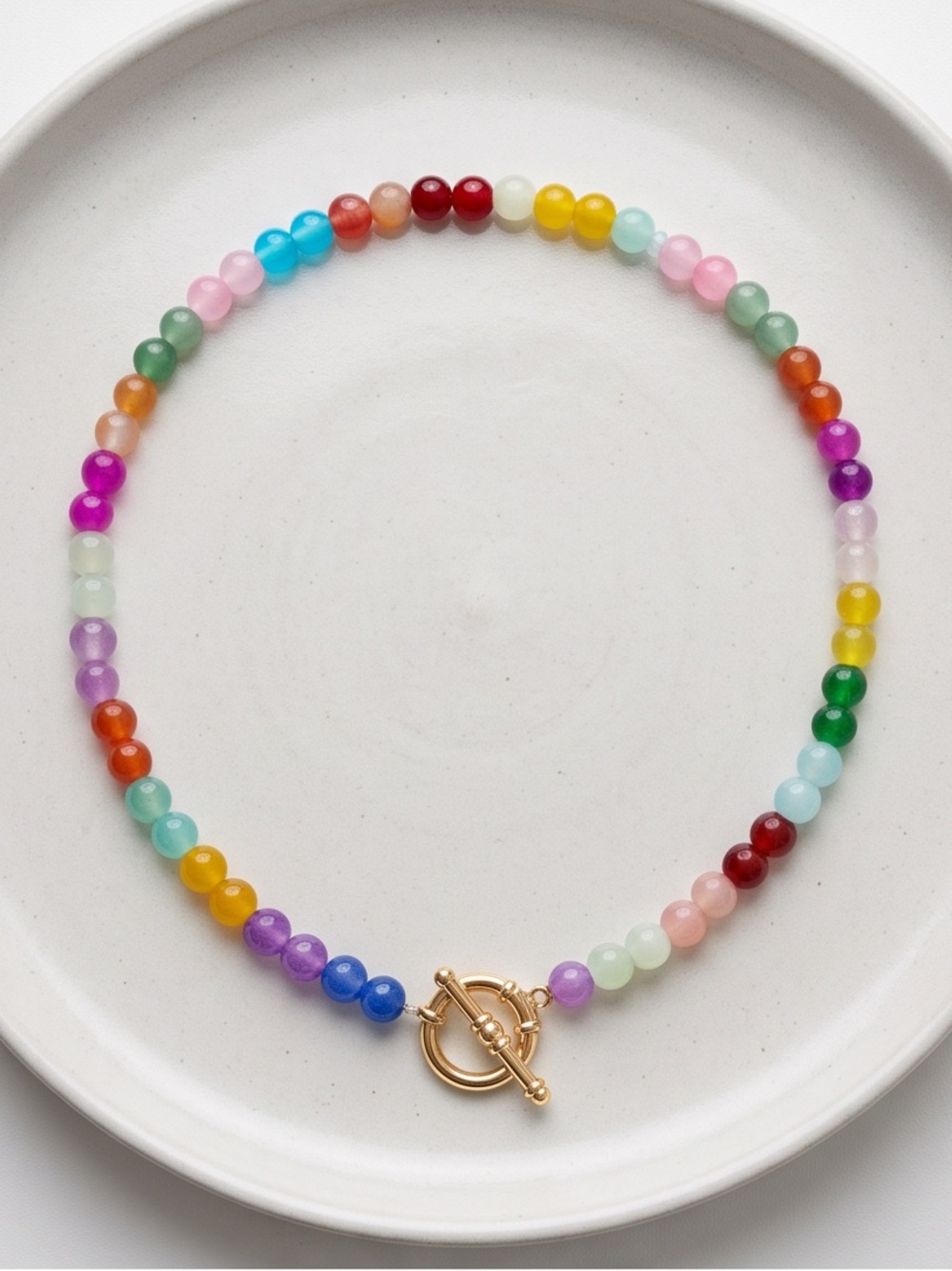 Rainbow Beaded Necklace with Gold Toggle Clasp choker 15 inch